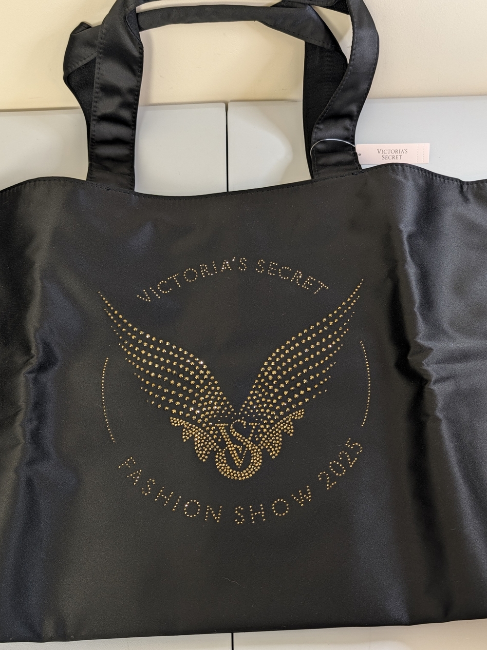 Victoria's Secret Black Satin Tote with Gold Studded Wing Logo